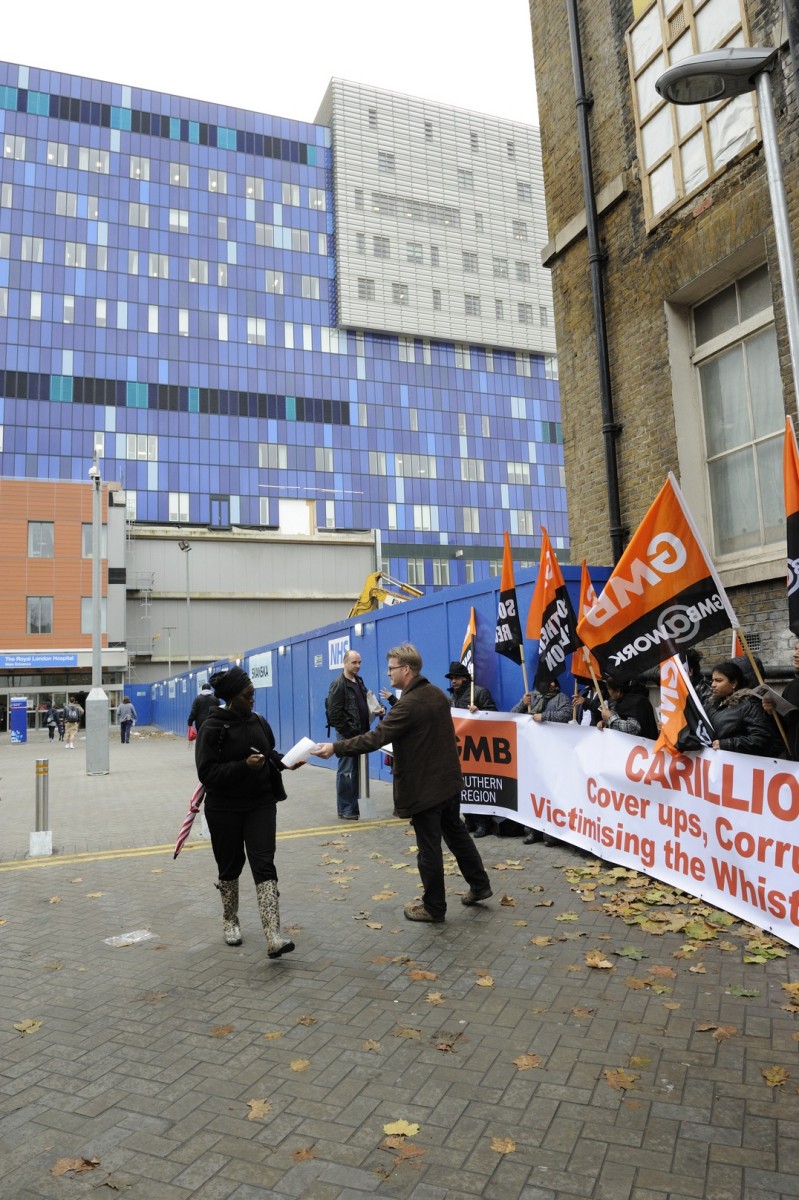 GMB hand out leaflets at Swindon Carillion Hospital Workers Protest London
